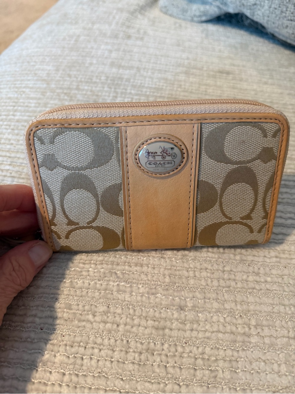 Coach Khaki & Tan Signature Canvas and leather Zip Wallet/wristlet 3.5x5.5
